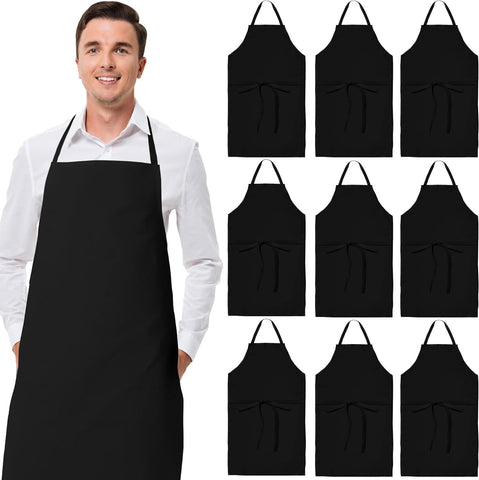 Image of Black Aprons Bulk - Commercial Chef Bib Apron for Kitchen and Restaurant Cooking without Pockets, Unisex Women and Men, Adult - 12 Pack