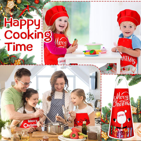 Image of 4 Sets Christmas Kids Apron and Chef Hat Boys Girls Aprons with 2 Pockets Hats Cooking Kitchen Painting Baking Wear