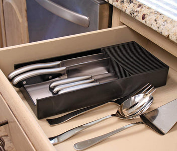 Plastic  - In-Drawer Knife Storage for Your Kitchen. Replace Your Knife Block with a Revolutionary Product. Clear Your Counter Top of Clutter, and Easily Identify the Desired Knife.