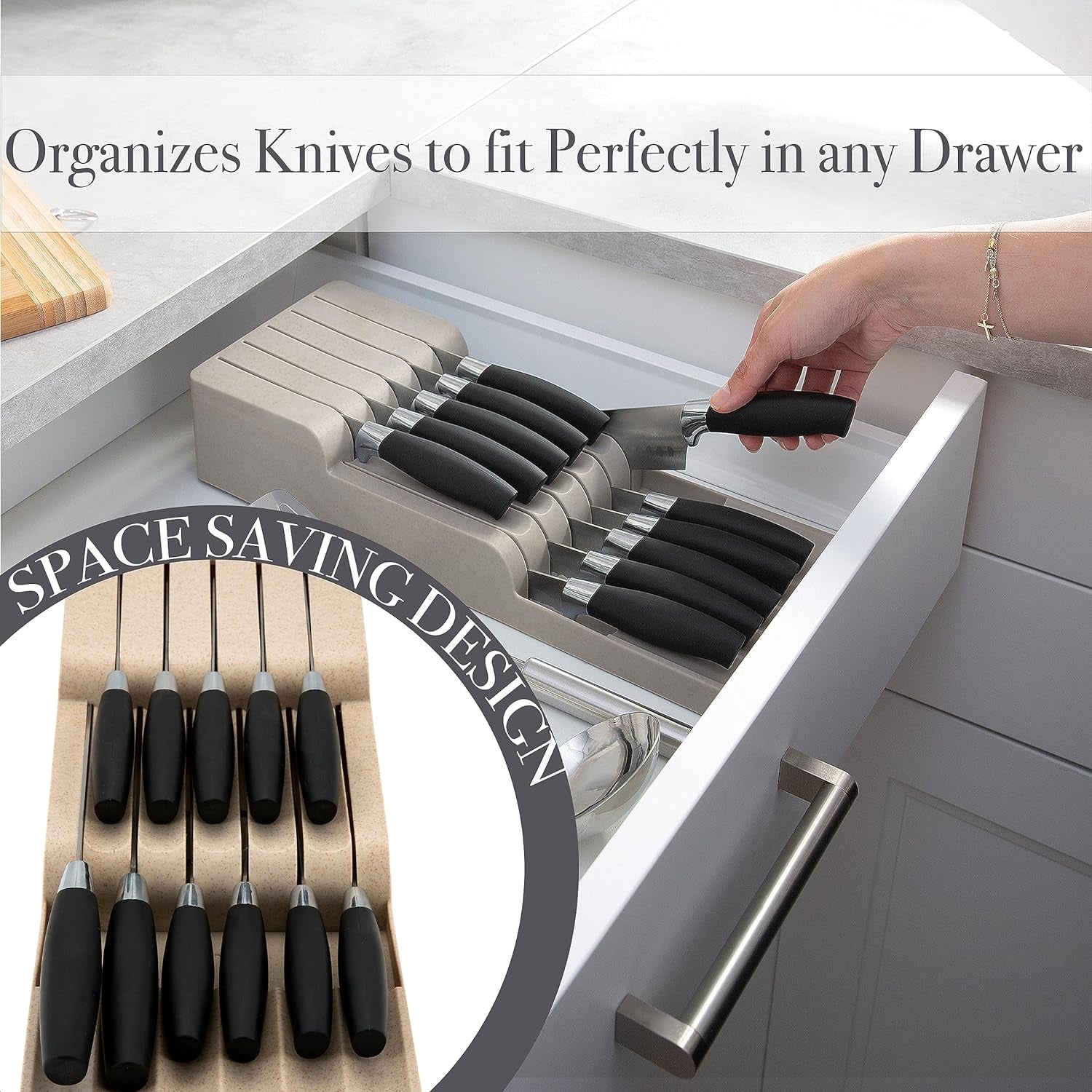 2 Tier Knife Drawer Organizer | Holds 11 Knives | Utensil Holder | Knife Block | Storage & Organization | Space Saver | Natural