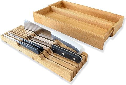 Image of Bamboo Expandable Kitchen Drawer Organizer with Removable Knife Block (No Knife), Wooden Knife Storage Rack & Multi Use Adjustable Divider Tray for Cutlery Utensils Silverware Flatware Spoons Forks