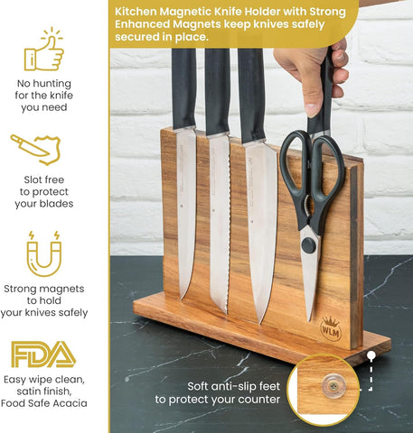 Image of Premium Acacia Wood Double Sided Magnetic Knife Block without Knives Strong Magnetic Knife Holder Magnet Knife Holder Stand Knife Holder for Kitchen Counter Knife Rack Knife Stand Knife Storage