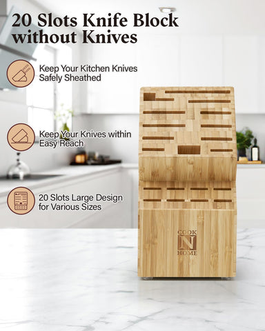 Image of Bamboo Knife Storage Block without Knives, 20 Slot Universal Knife Holder Countertop Butcher Block Knife Stand for Easy Kitchen Storage
