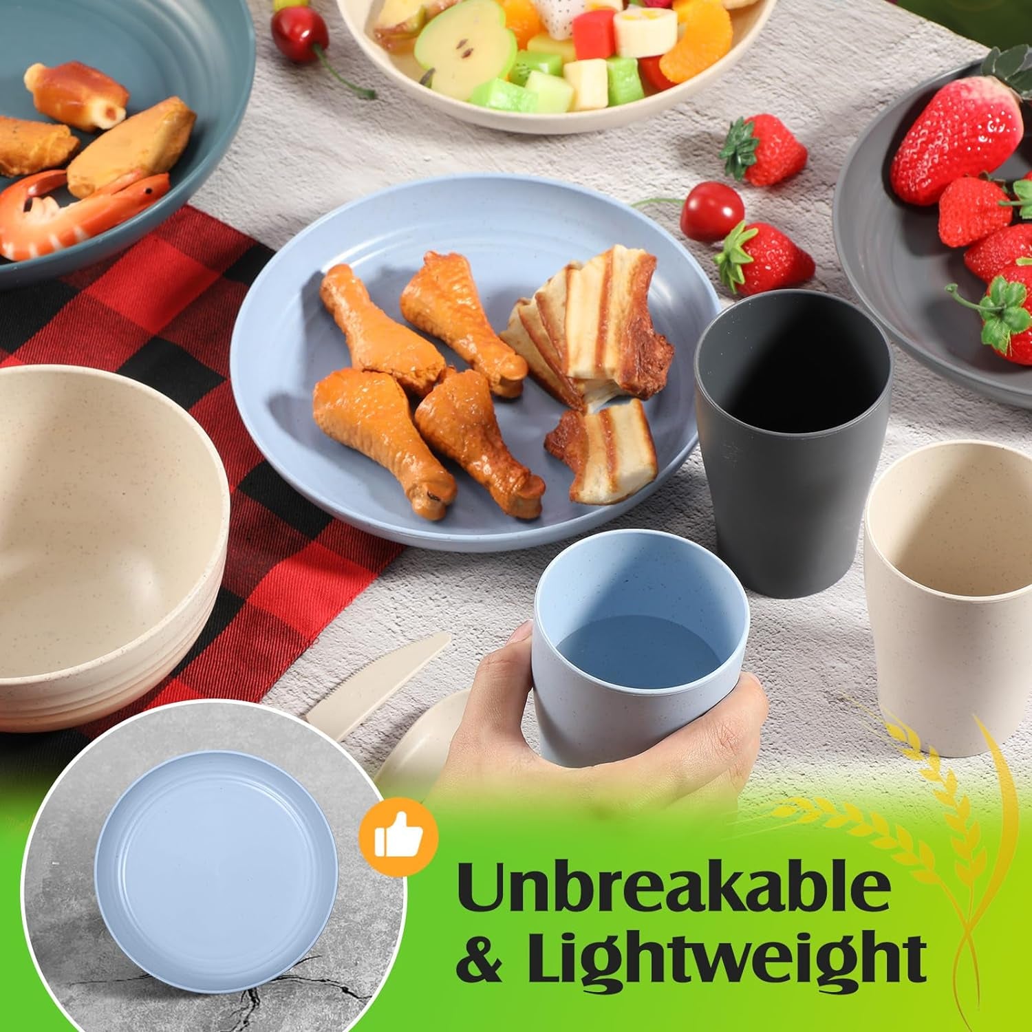 64 Pcs Wheat Straw Dinnerware Sets Unbreakable Plastic Plates Lightweight Bowls Dishes Cups Knives Forks Spoons Cutlery Dishwasher Microwave Safe for Camping Picnic Kid Adult (Classic Colors)