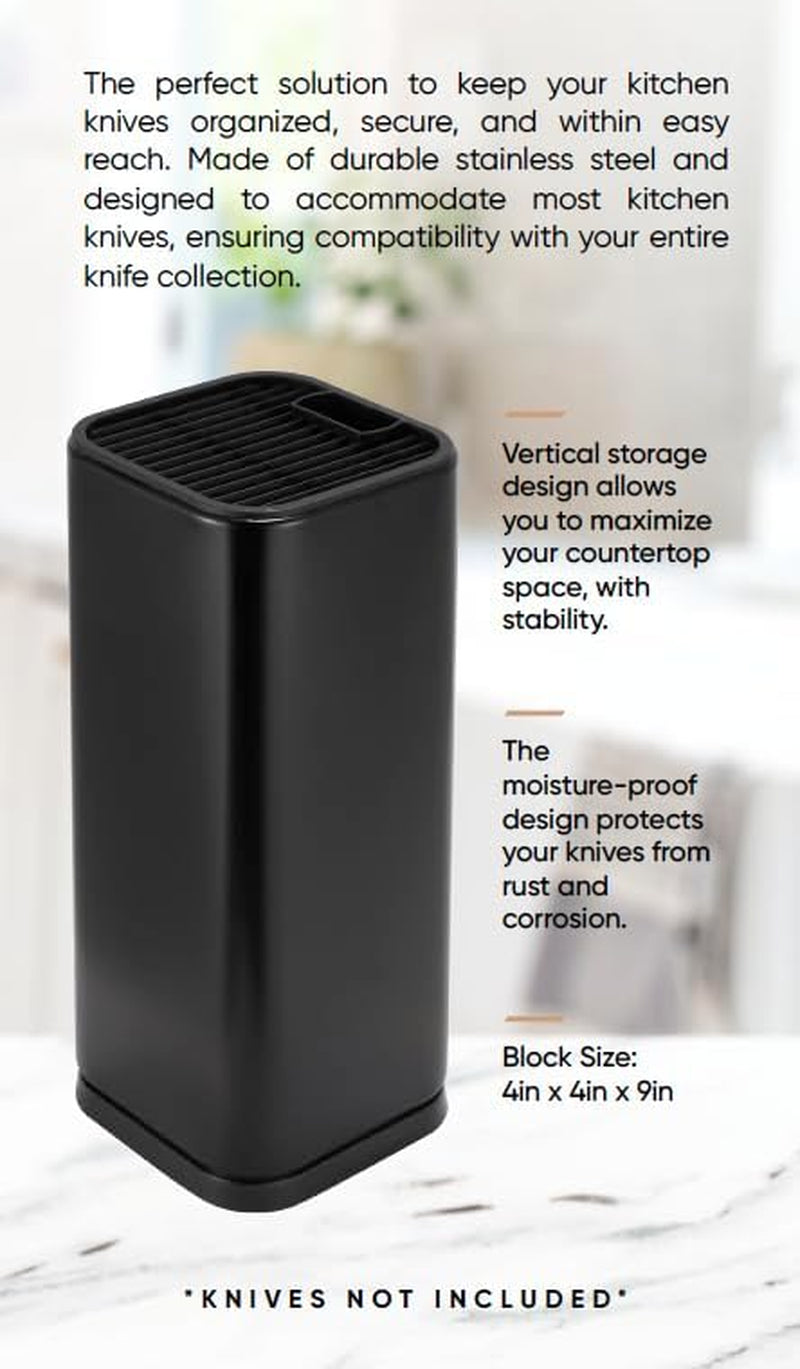 Universal Knife Block Holder, Stainless Steel Organizer with Scissor Slots, Space-Saving Countertop Storage Stand for Any Knife up to 8.10 Inches, (Knives Not in Included) (Black)