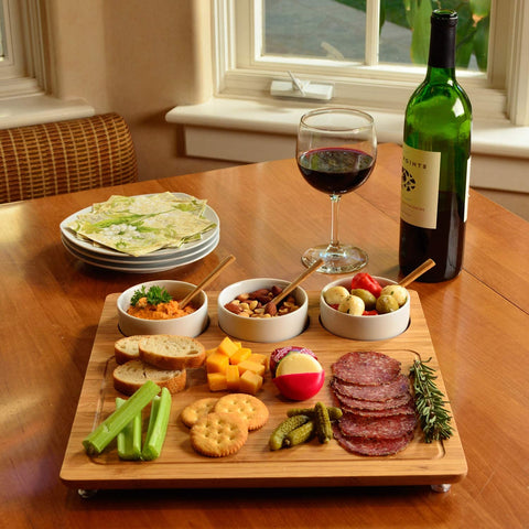 Image of Original Personalized Monogrammed Engraved Bamboo Cutting Board for Cheese & Charcuterie with 3 Ceramic Bowls & Bamboo Spoons- Designed & Quality Checked in the USA