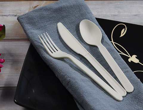 Image of 150 Count 7" Heavy-Duty Compostable Cutlery Set,50 Forks 50 Spoons 50 Knives,Bpi Certified, Large Disposable Utensils Silverware Flatware Set