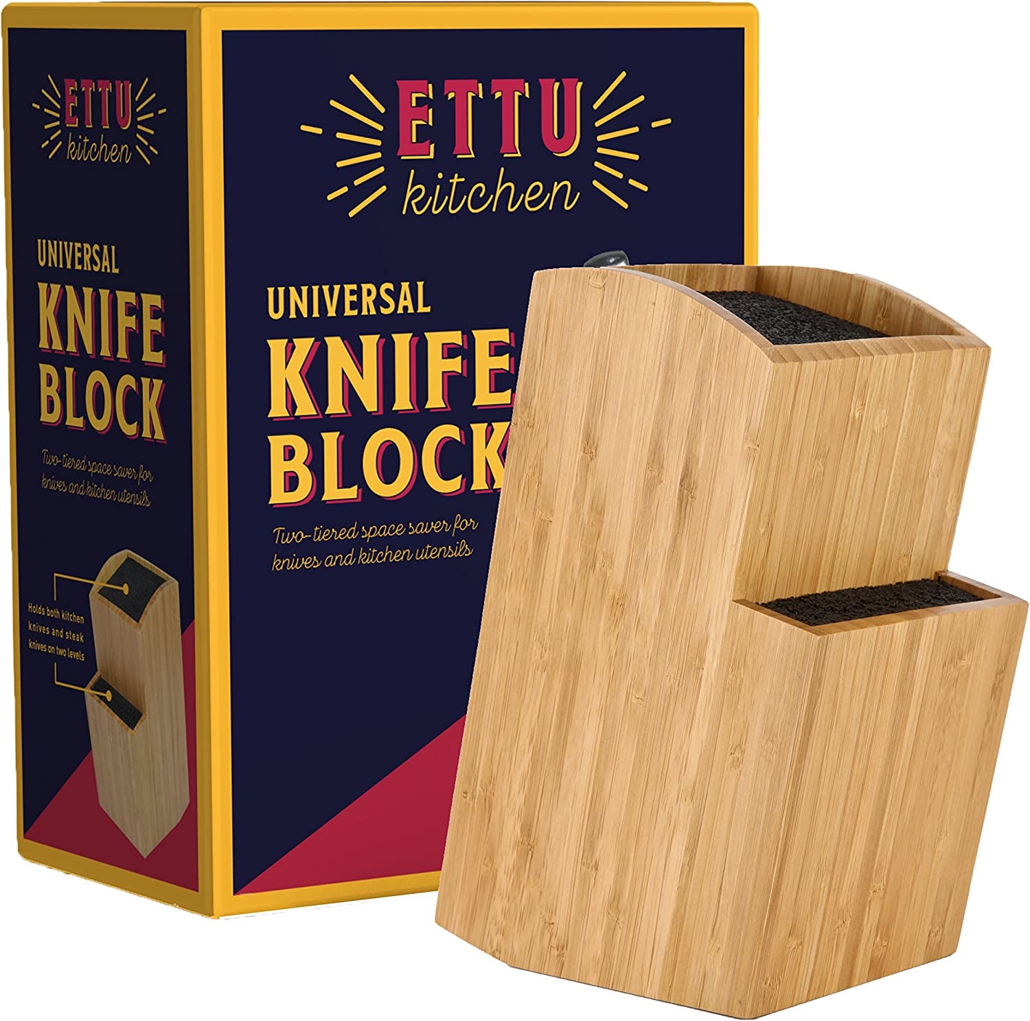 Bamboo Universal Knife Block - Extra Large Two-Tiered Slotless Wooden Knife Stand, Organizer & Holder - Convenient Safe Storage for Large & Small Knives & Utensils - Easy to Clean Removable Bristles