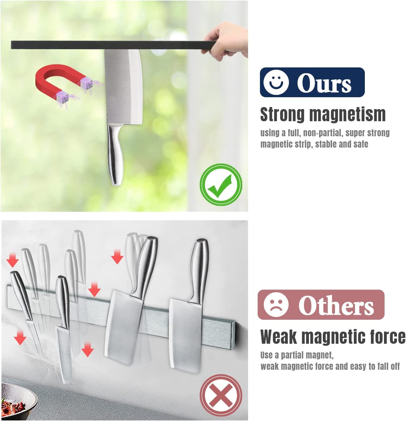 Magnetic Knife Holder for Wall—With 3 Hooks, No Drilling 16 Inch Black Knife Magnetic Strip, Powerful Knife Magnet Rack, Include Adhesive Tape and Screws for Knives, Utensils, and Tools