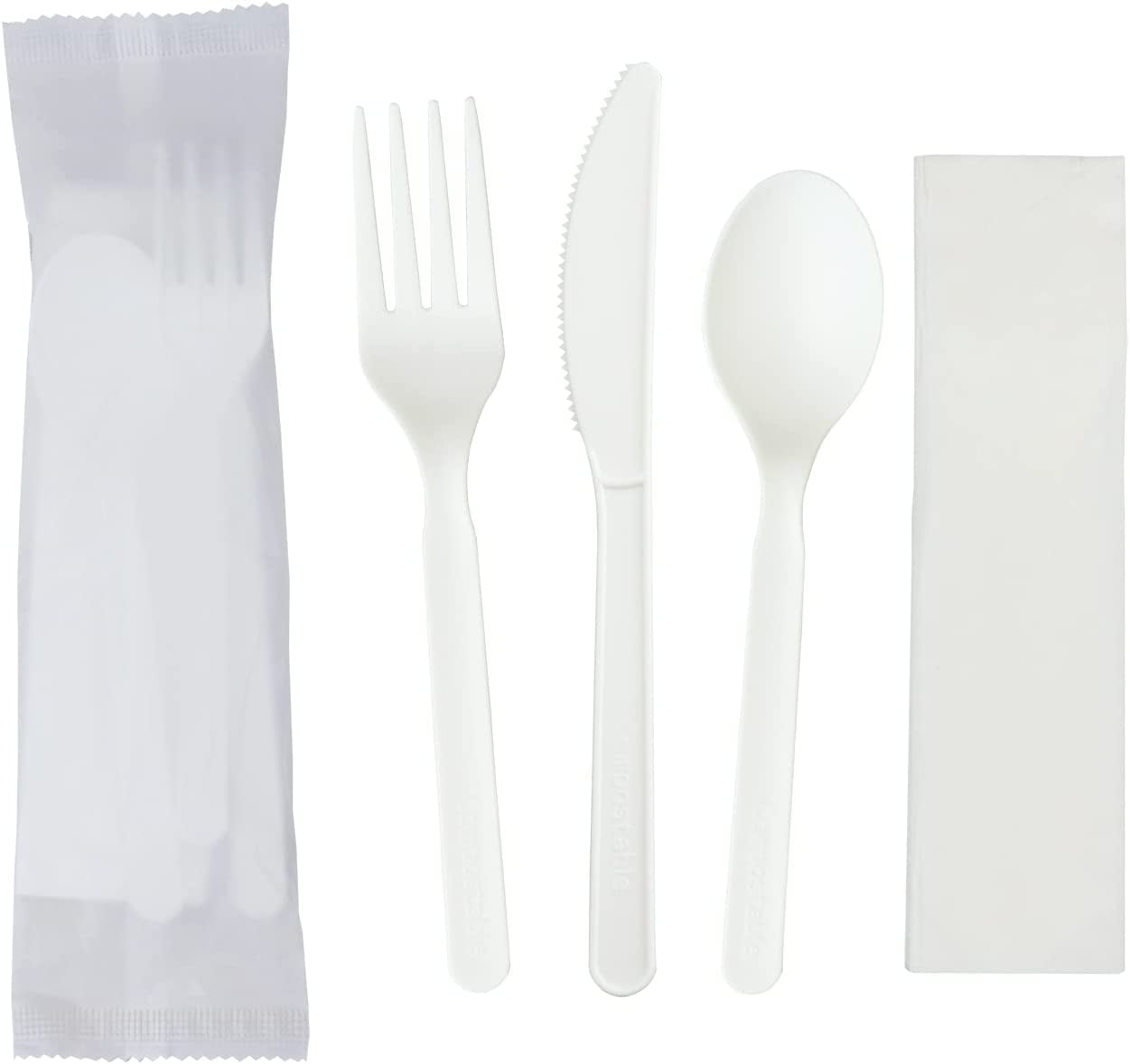 6" Compostable CPLA Cutlery Kits, BPI Certified,200 Sets (Fork, Spoon,Knife,Napkin 4 in 1) Individually Wrapped with Compostable Bags，Alternative to Plastic Disposable Utensils