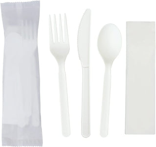 6" Compostable CPLA Cutlery Kits, BPI Certified,200 Sets (Fork, Spoon,Knife,Napkin 4 in 1) Individually Wrapped with Compostable Bags，Alternative to Plastic Disposable Utensils