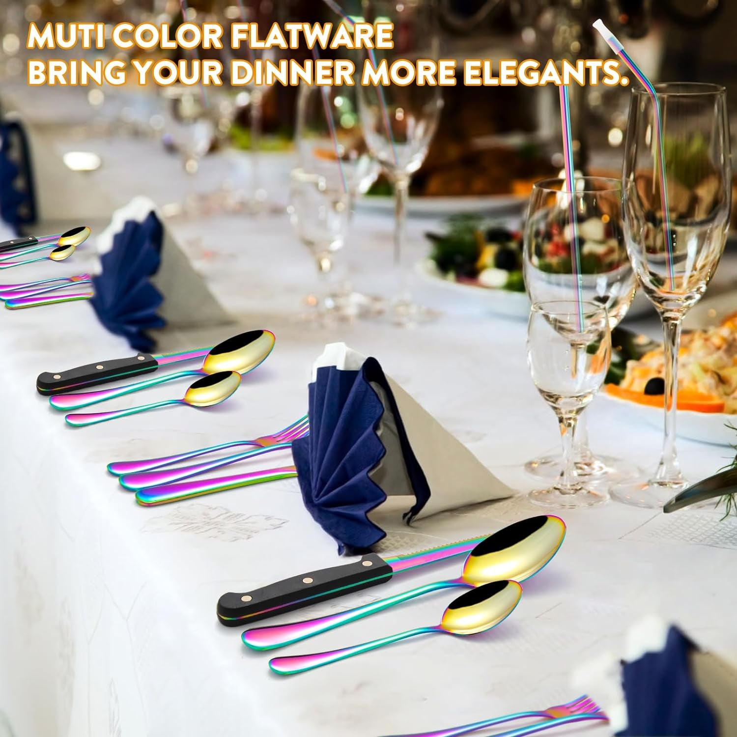 68-Piece Rainbow Silverware Set with Steak Knife for 8, Stainless Steel Flatware Cutlery Set,  Iridescent Dinnerware, Home Kitchen Spoons Forks Knives