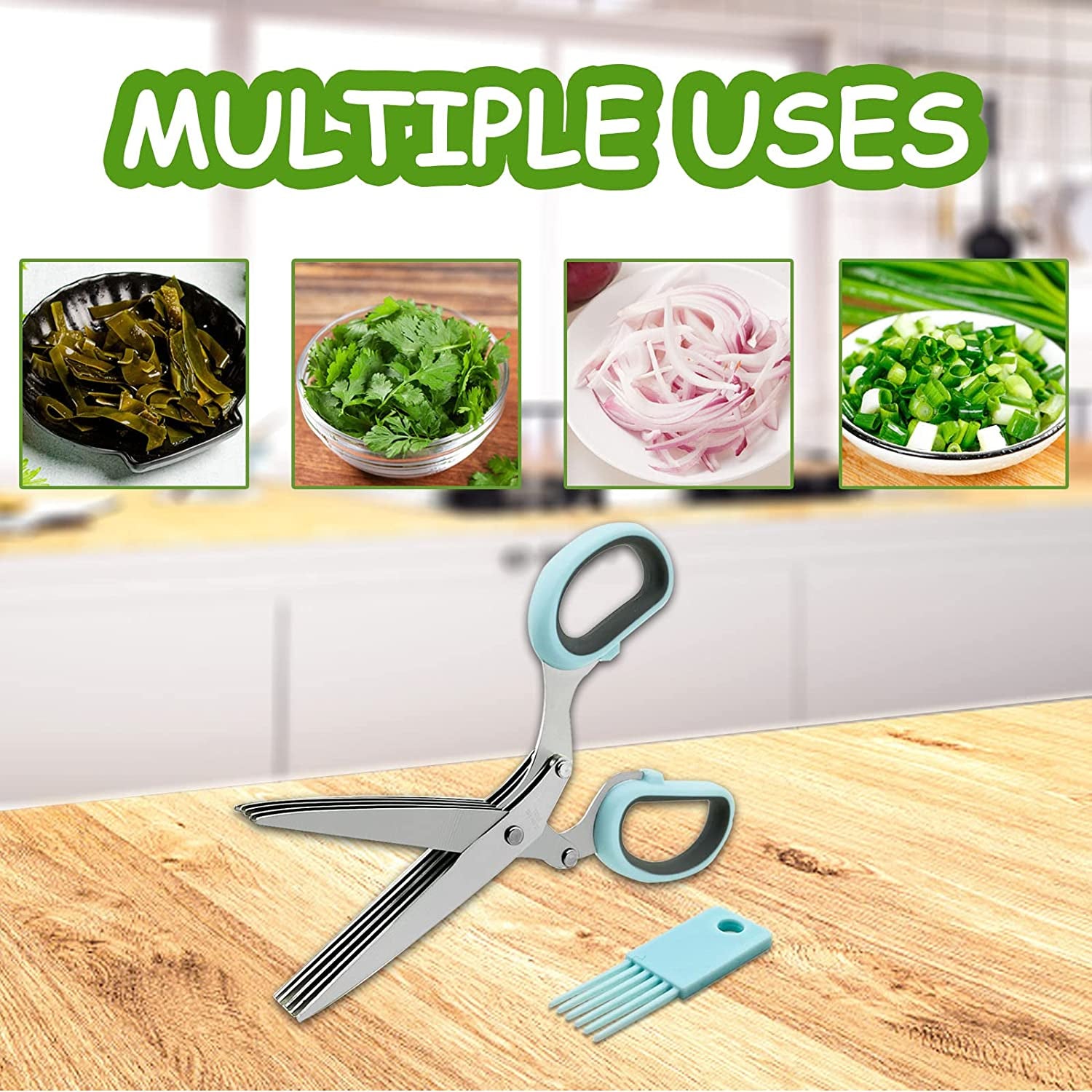 2 Pcs Herb Scissors, Multi-Blade Herb Scissors with Cover and Cleaning Comb, Stainless Steel Vegetable Scissors for Cutting Cilantro Onion Salad Garden Herbs, Heavy Kitchen Scissors (Green) (Blue)