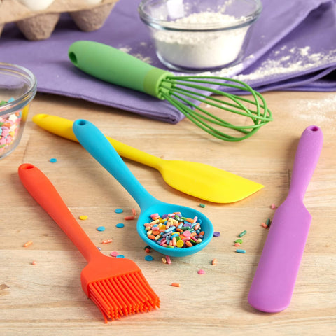 Image of Kids in the Kitchen Oil Brush, Spoon, Whisk, Long, Standard Spatula Silicone Utensil Set, Multicolor