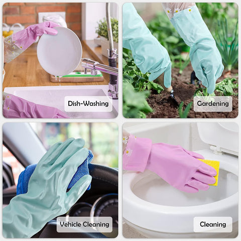 3 Pairs Rubber Cleaning Gloves for Household - Reusable Dishwashing Gloves for Kitchen, Waterproof Flocked Liner Dish Washing Gloves for Kitchen Bathroom, Laundry, Gardening (Large)
