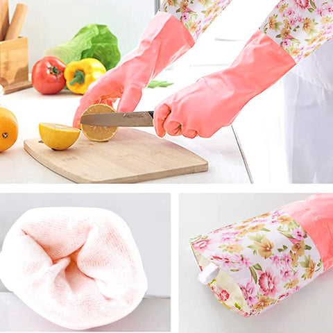 Image of Dishwashing Cleaning Gloves, 2 Pair Reusable Household Cleaning Gloves Long Cuff and Flock Lining