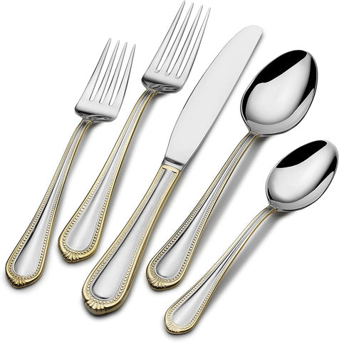 Image of Regent Bead Gold 65-Piece Stainless Steel Flatware Set, Service for 12