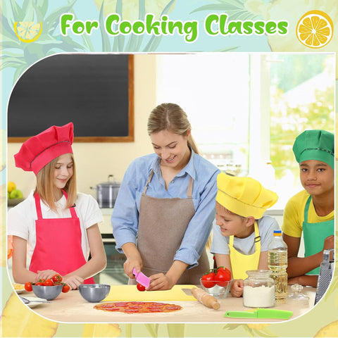 Image of 20 Pcs Kids Apron and Chef Hat Set Kids Plastic Knife Set with Cutting Board, 5 Toddler Apron 5 Chef Hat 5 Kid Safe Knives 5 Kids Chopping Board for Baking Cooking Club, Preschool Class