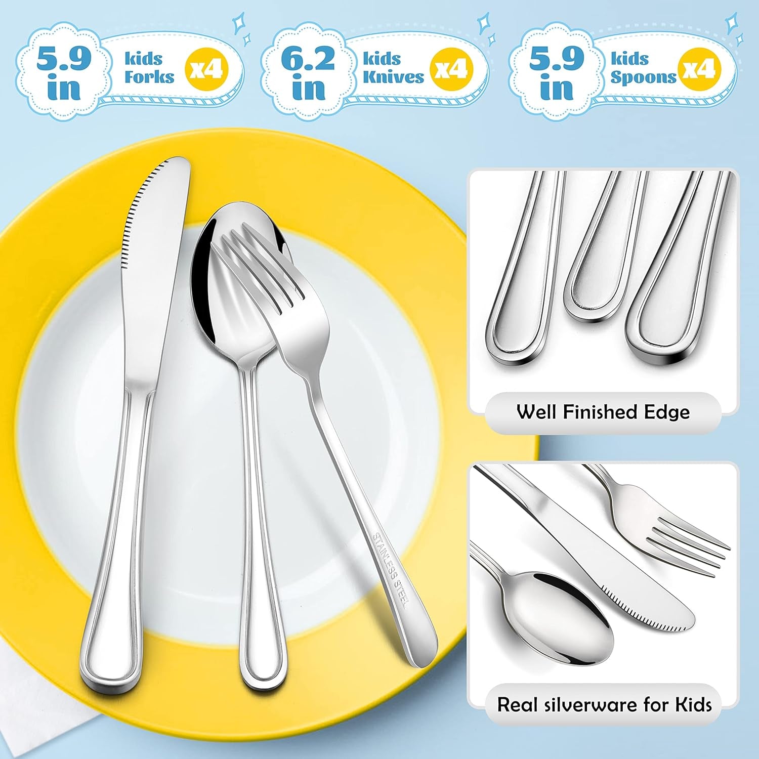 12-Piece Kids Silverware,  Stainless Steel Toddler Kids Utensils Safe for Preschooler/Children, Includes 4 Forks 4 Spoons 4 Knife, Slimline Adult Look & Small Size, Rust Free & Dishwasher Safe