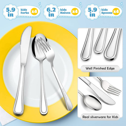 Image of 12-Piece Kids Silverware,  Stainless Steel Toddler Kids Utensils Safe for Preschooler/Children, Includes 4 Forks 4 Spoons 4 Knife, Slimline Adult Look & Small Size, Rust Free & Dishwasher Safe