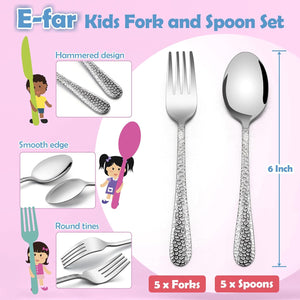 Toddler Forks and Spoons Set, 10-Piece Stainless Steel Toddler Utensils Kids Safe Silverware for Self Feeding, Healthy & Non-Toxic, Dishwasher Safe