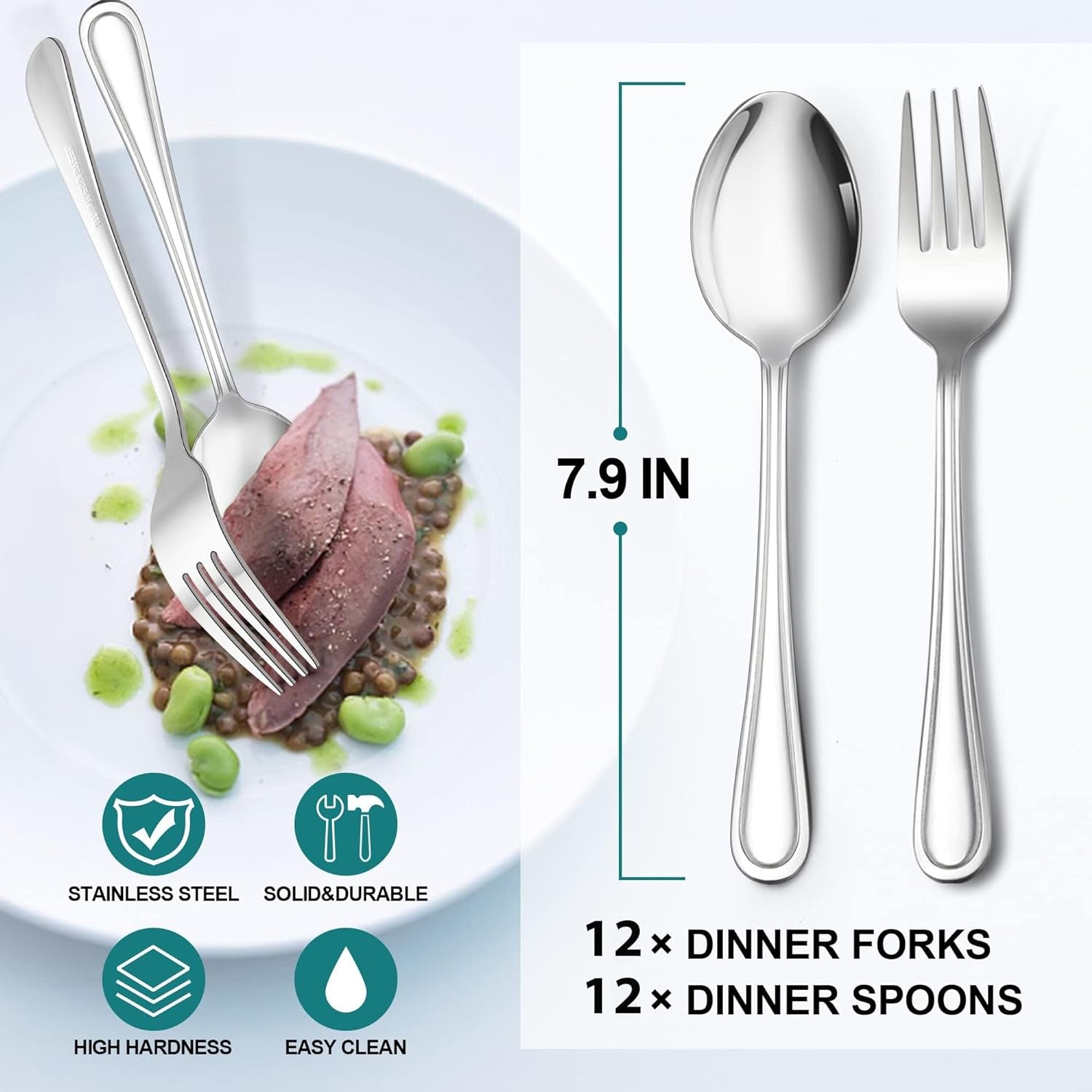16-Piece Spoons and Forks Set,  Stainless Steel Slimline 8 Dinner Forks and 8 Dinner Spoons, Modern Metal Silverware Flatware Cutlery for Kitchen and Restaurant, Dishwasher Safe-7.9 Inch