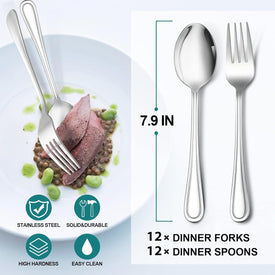 16-Piece Spoons and Forks Set,  Stainless Steel Slimline 8 Dinner Forks and 8 Dinner Spoons, Modern Metal Silverware Flatware Cutlery for Kitchen and Restaurant, Dishwasher Safe-7.9 Inch