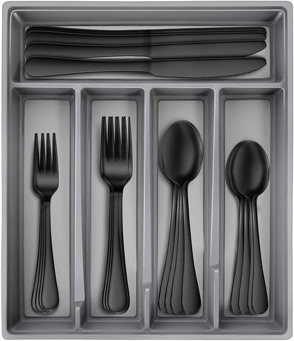 Image of 20-Piece Black Silverware Set with Tray, Stainless Steel Flatware Cutlery Set Service for 4, Kitchen Black Utensils Tableware Set for Home Restaurant, Mirror Finish, Dishwasher Safe