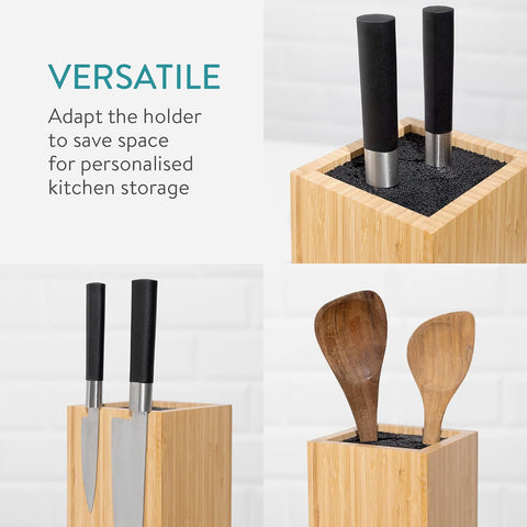 Image of Bamboo Kitchen Knife Block - Magnetic Rotating Bristle Knife Holder - Universal Knife Block Storage Stand with Bristles - 9.8" X 4.9" X 4.9"