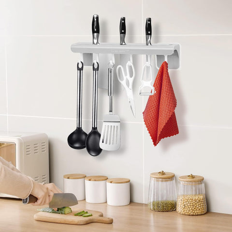 Image of Knife Storage Rack Block, Wall Mount Fruit Knife Holder with 6 Hooks for Home Kitchen Multi-Functional Punch-Free Knife Holder for Knife Spatulas Scraper Scissors