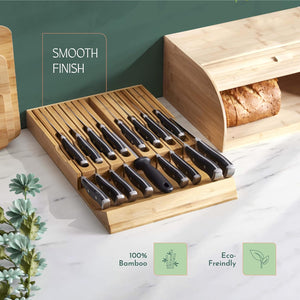 High-Grade 100% Bamboo Knife Drawer Organizer - 16 Knife Slots plus a Sharpener Slot, Knife Organizer for Kitchen Organization, Durable, Secured, Practical, Eco-Friendly, Knife Block without Knives.