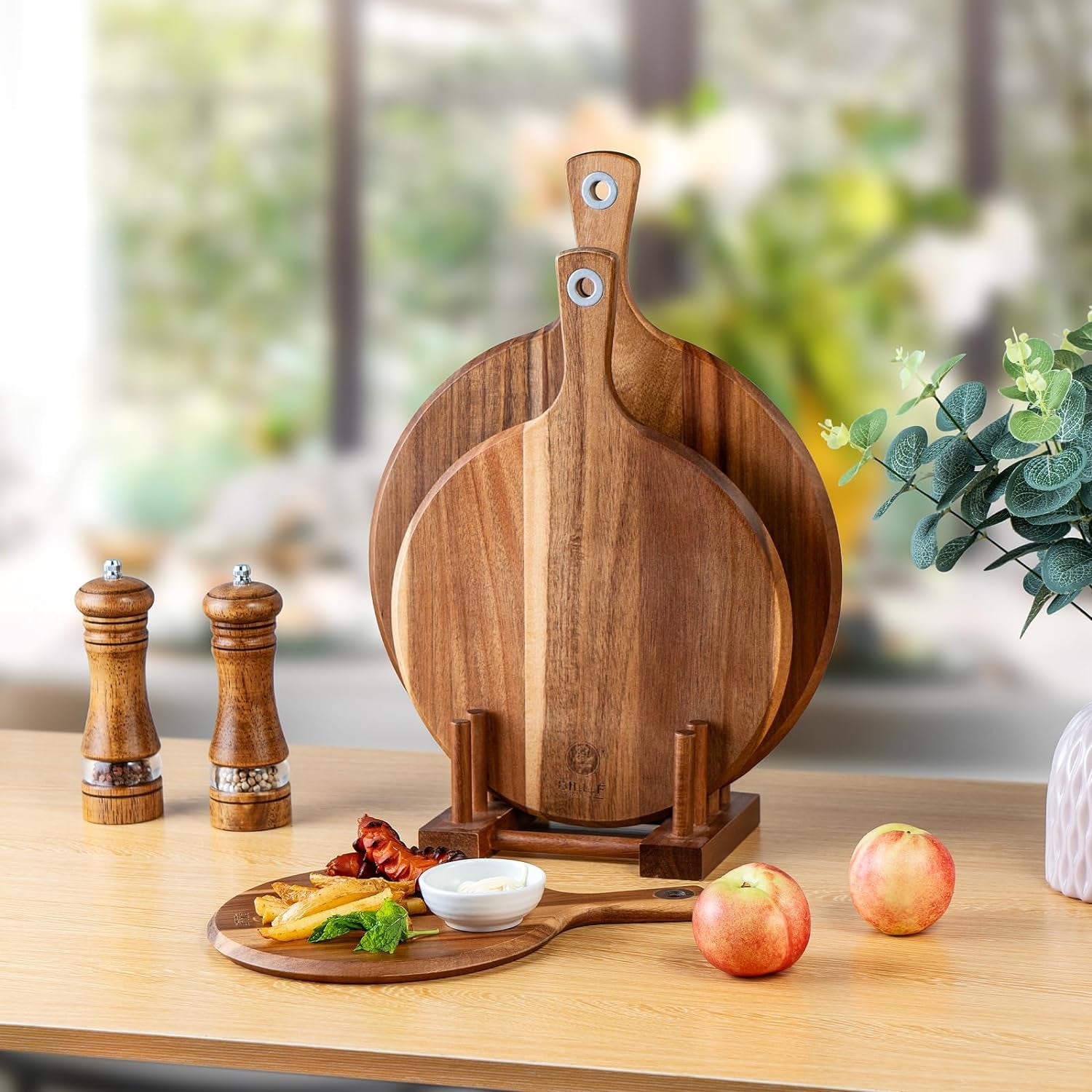 BILL.F Acacia Pizza Peel, Set of 3 Acacia Wood Cutting Board 8" 10" 12" Inch Cutting Board, Cheese Paddle Board, Bread and Crackers Platter for Serving and Minor Food Prepare with Handle and Organizer