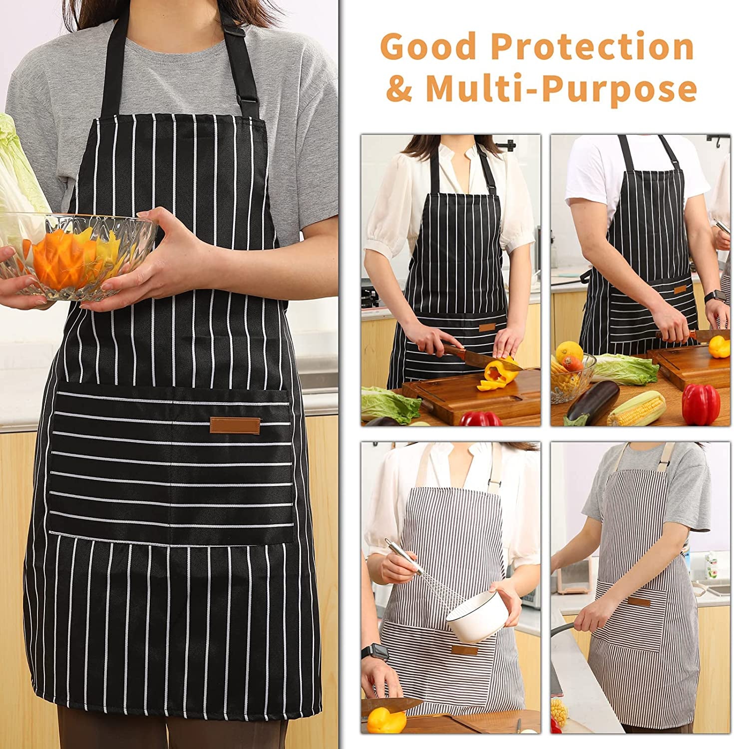 2 Pieces Kitchen Cooking Aprons, Cotton Polyester Blend Adjustable Bib Aprons with 2 Pockets for Women Men Chef Chef (Black/Brown Stripes, 2)