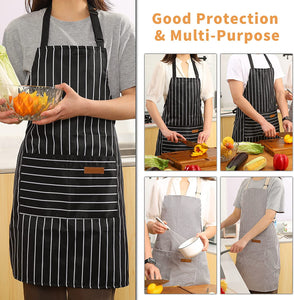 2 Pieces Kitchen Cooking Aprons, Cotton Polyester Blend Adjustable Bib Aprons with 2 Pockets for Women Men Chef Chef (Black/Brown Stripes, 2)