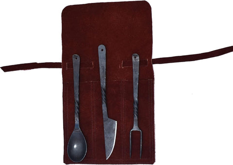 Image of Hand-Forged Blacksmith Medieval Dining Hall Eating/Feasting Utensils Set of 3 Piece Functional Fork Knife and Spoon Medieval Eating Set, with Genuine Leather Pouch for Easy Carrying.