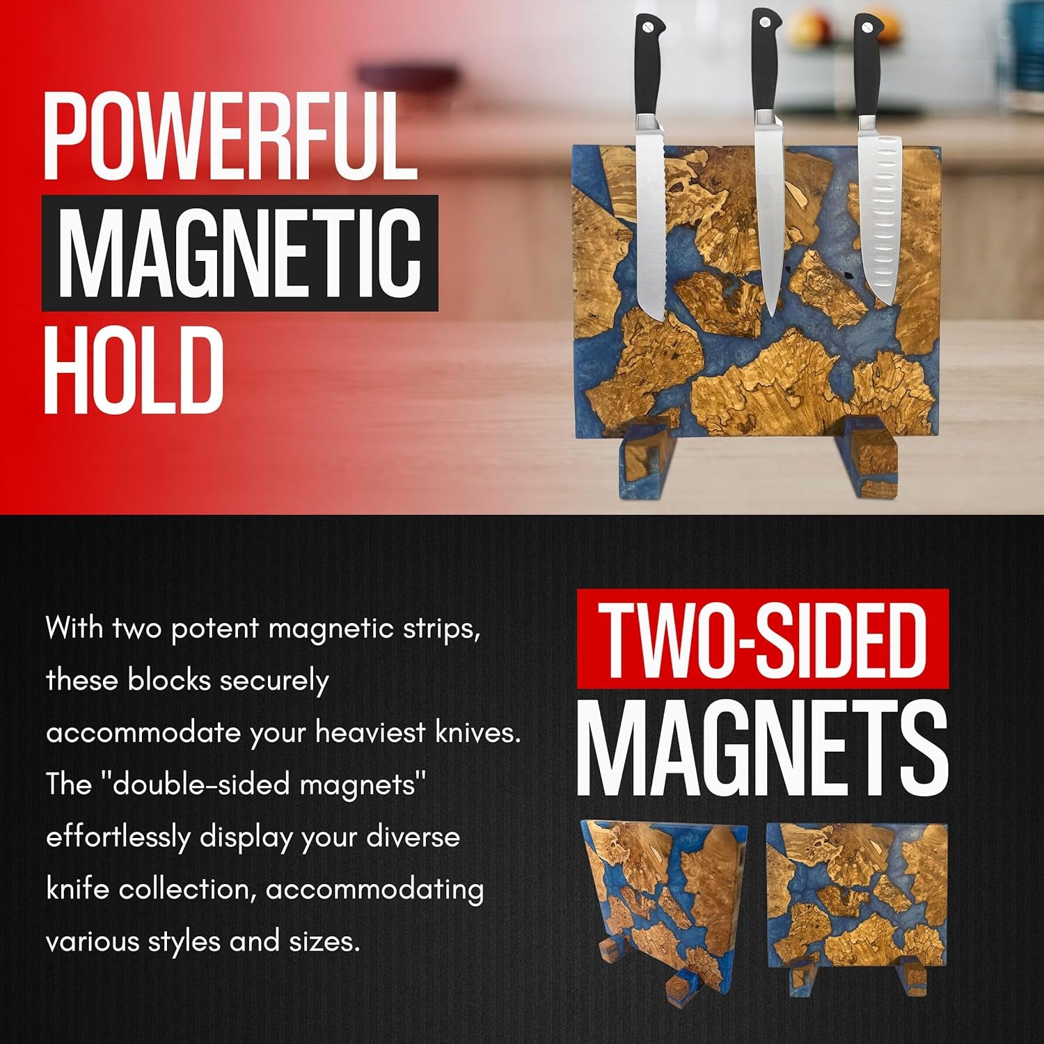Magnetic Knife Block without Knives - Magnetic Knife Holder | Magnetic Knife Block for Kitchen Counter| Wooden Block Knife Holder | Kitchen Knife Magnetic Holder | Magnet Knife Block (Azure Blue)