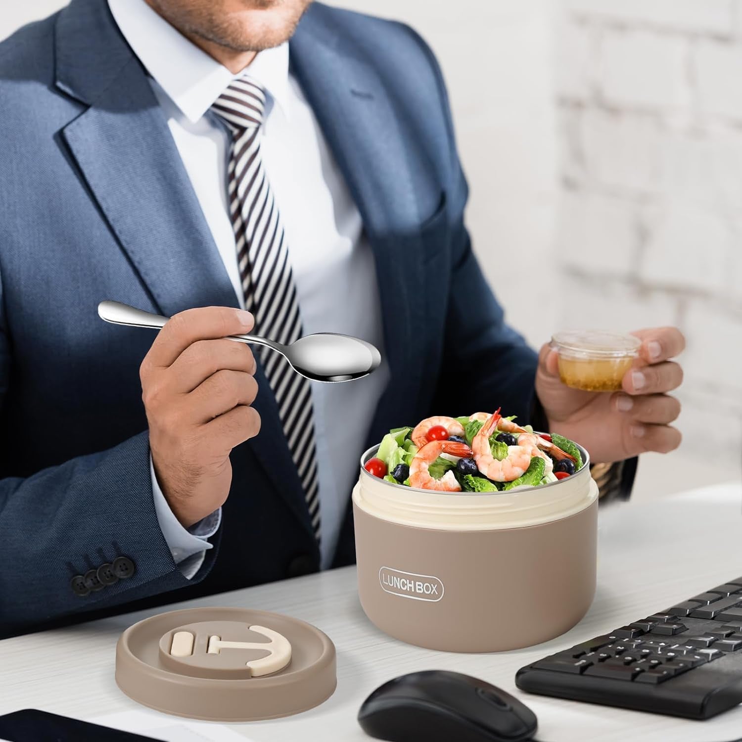 2 Pcs Insulated Lunch Containers Thermal Bento Box with Bag Fork Knife Microwavable Stainless Steel Lunch Box 15.2 Oz 22 Oz Separate Stackable Thermal Food Jar for Adult Kids Men Women(Khaki)