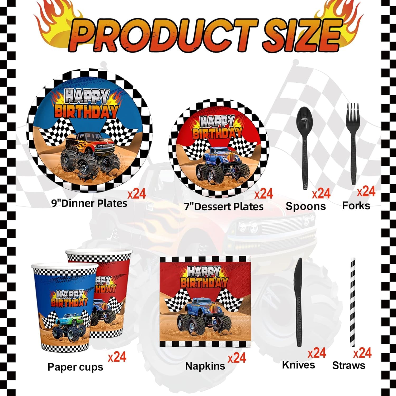 192Pcs Monster Large Truck Birthday Party Supplies Serves 24 Monster Large Truck Plates Napkins Knives Forks Spoons Straws Monster Large Truck Birthday Decorations Truck Party Favors for Kids