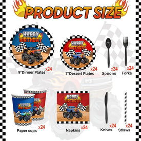 192Pcs Monster Large Truck Birthday Party Supplies Serves 24 Monster Large Truck Plates Napkins Knives Forks Spoons Straws Monster Large Truck Birthday Decorations Truck Party Favors for Kids