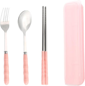 Portable Travel Cutlery Set, 18/8 Stainless Steel 3-Piece Set, Reusable Cutlery Set, Including Travel Spoon and Fork Chopsticks Set with Case (Pink)