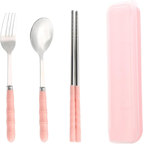Image of Portable Travel Cutlery Set, 18/8 Stainless Steel 3-Piece Set, Reusable Cutlery Set, Including Travel Spoon and Fork Chopsticks Set with Case (Pink)