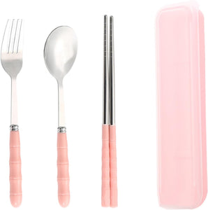 Portable Travel Cutlery Set, 18/8 Stainless Steel 3-Piece Set, Reusable Cutlery Set, Including Travel Spoon and Fork Chopsticks Set with Case (Pink)