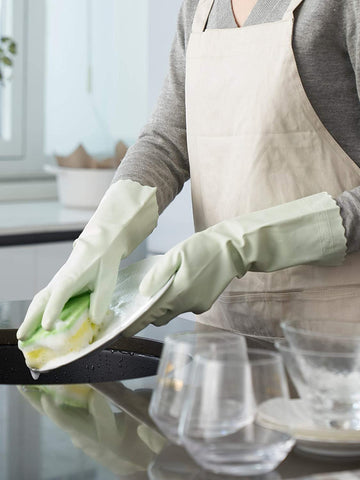 LANON 3 Pairs Wahoo Skin-Friendly Cleaning Gloves, Dishwashing Kitchen Gloves with Cotton Flocked Liner, Reusable, Non-Slip, Canary Green, Medium