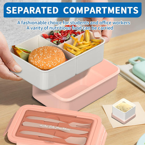 Bento Lunch Box for Kids, 1400 ML Bento Box Adult Lunch Box for Men Women with Cutlery & Salad Dressing Container to Go, Leak-Proof Meal Prep Container for Work School Travel, No BPA, Microwave Safe