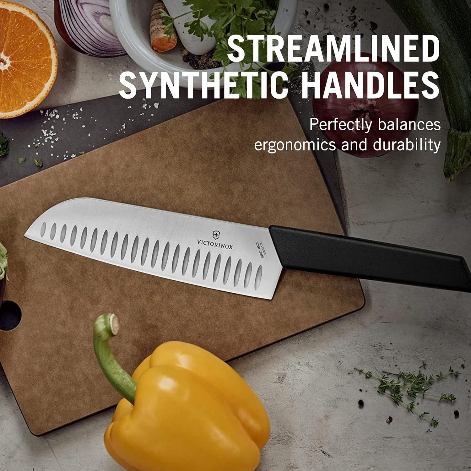 6.9053.17KB Swiss Modern Santoku Knife for General-Purpose Slicing, Dicing, Mincing, and Everything in between Fluted Edge Blade in Black, 6.7 Inches
