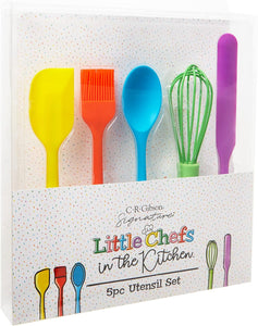 Kids in the Kitchen Oil Brush, Spoon, Whisk, Long, Standard Spatula Silicone Utensil Set, Multicolor