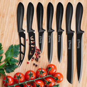 18Pc Kitchen Knife Set with Block, Super Sharp Black Knife Set, Versatile Chef Knife Set with Knife Sharpener & Peeler, Stainless Steel Knives for Kitchen, 6 Steak Knives Included