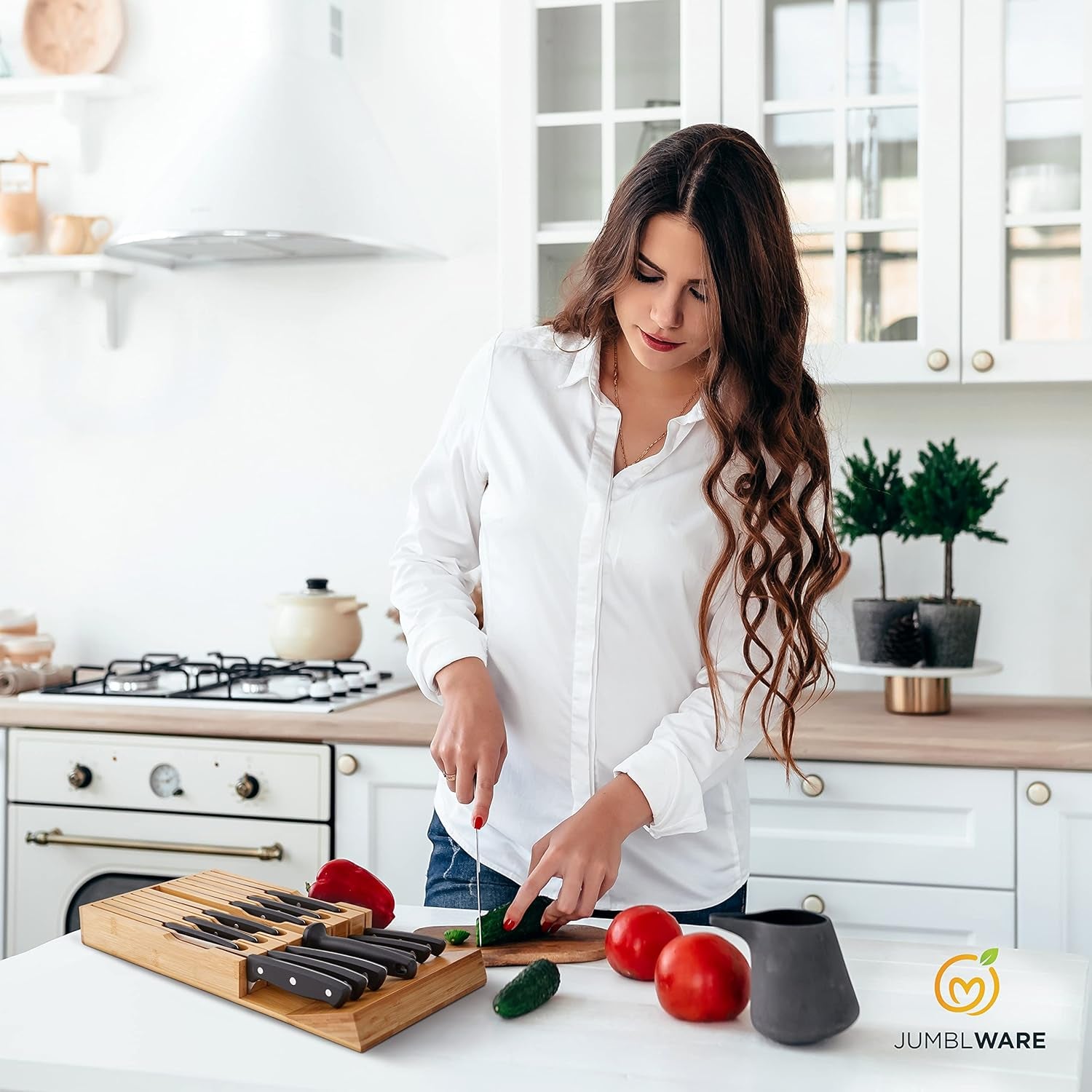 Bamboo In-Drawer Knife Block Wooden Organizer & Cutlery Holder Insert for inside Drawer, Cabinet or Counter Universal Dock Fits 16 Steak Knives & Sharpener Great Kitchen Gadget Gift