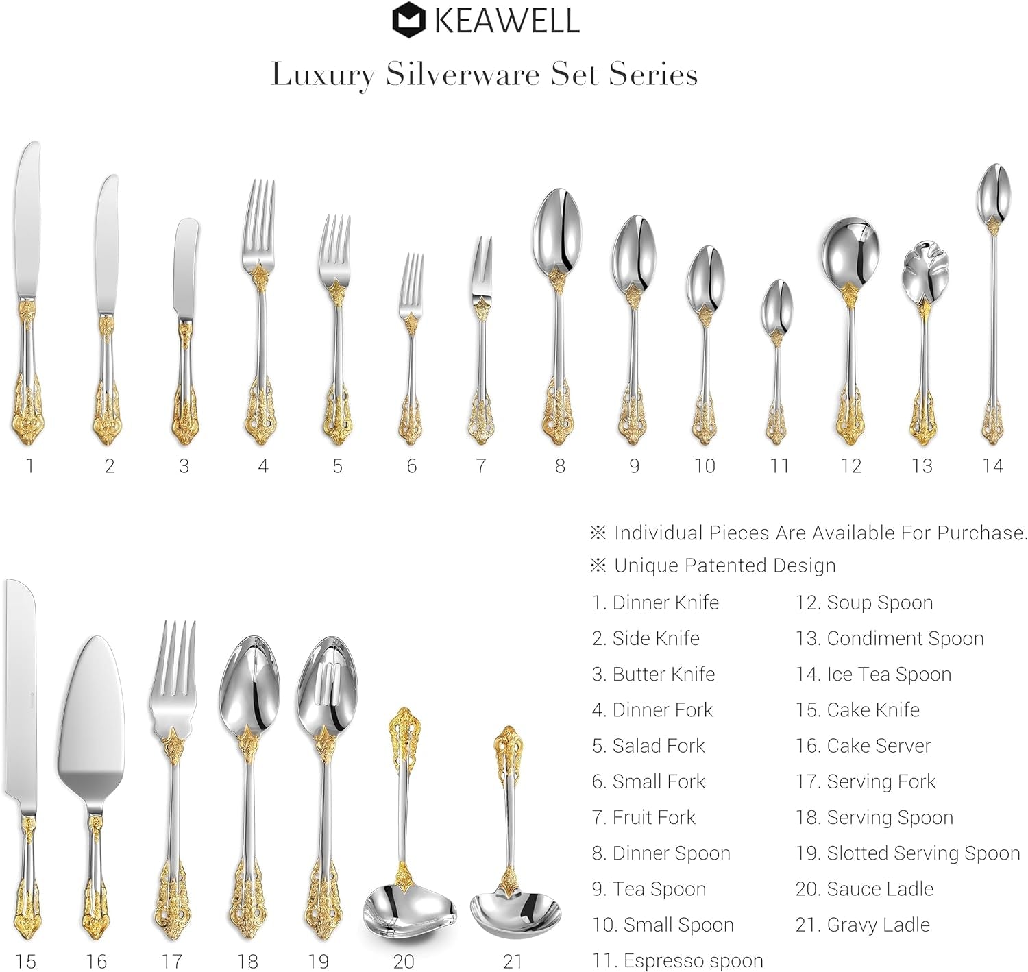 Luxury 65 Pieces 18/10 Stainless Steel Flatware Set, Service for 12, Silver Plated with Gold Accents, Fine Silverware Set and Dishwasher Safe