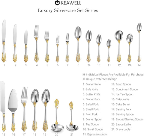 Image of Luxury 65 Pieces 18/10 Stainless Steel Flatware Set, Service for 12, Silver Plated with Gold Accents, Fine Silverware Set and Dishwasher Safe